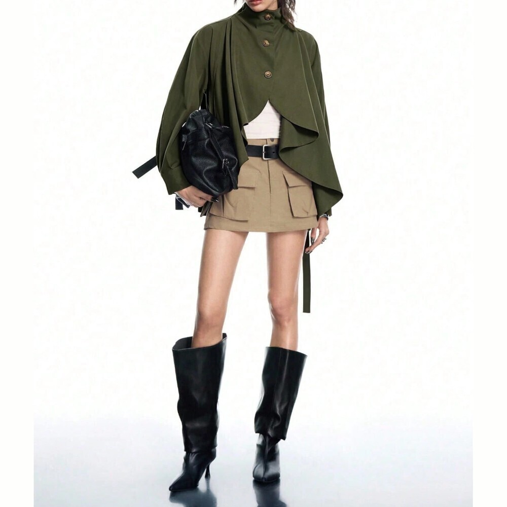 Olive Green Draped Waterfall Cape-Effect Collar Oversized Trench Jacket - Picture 7 of 8